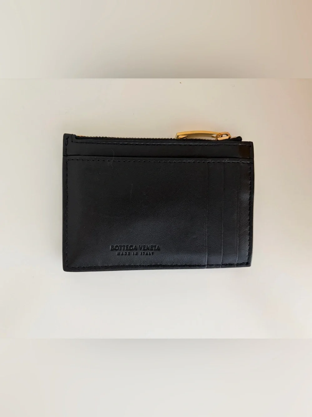 Bottega Veneta Black Intrecciato Leather Zip Key Card Holder with Gold Zip